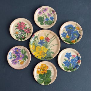 Könnte beinhalten: Ein Set aus sechs runden Holztellern mit botanischen Illustrationen. Ein großer zentraler Teller zeigt ein leuchtend gelbes Blumenarrangement, umgeben von fünf kleineren Tellern, die mit verschiedenen bunten Blumenmotiven verziert sind.