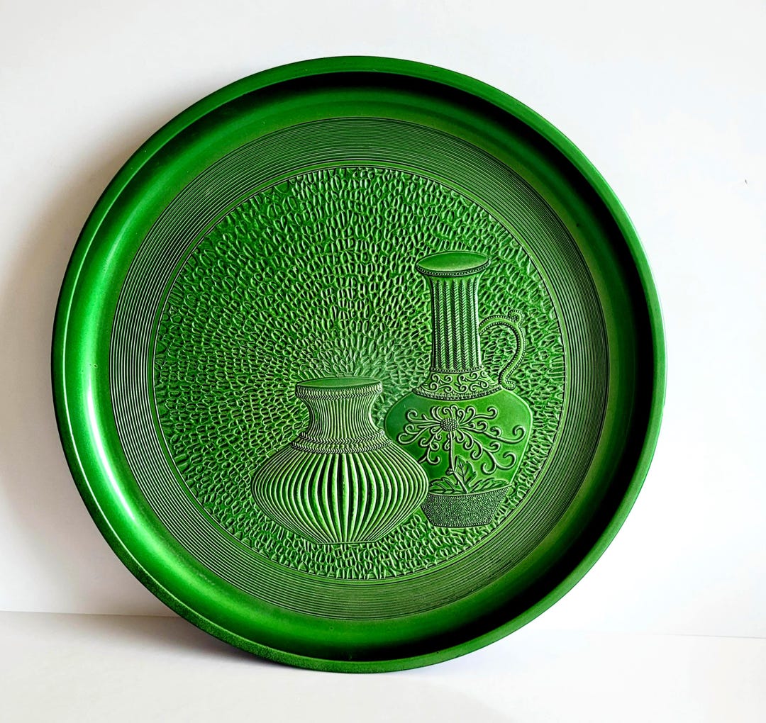 Vintage Japanese Art Deco Metal Tray, Green Vase Design, Collectible ...