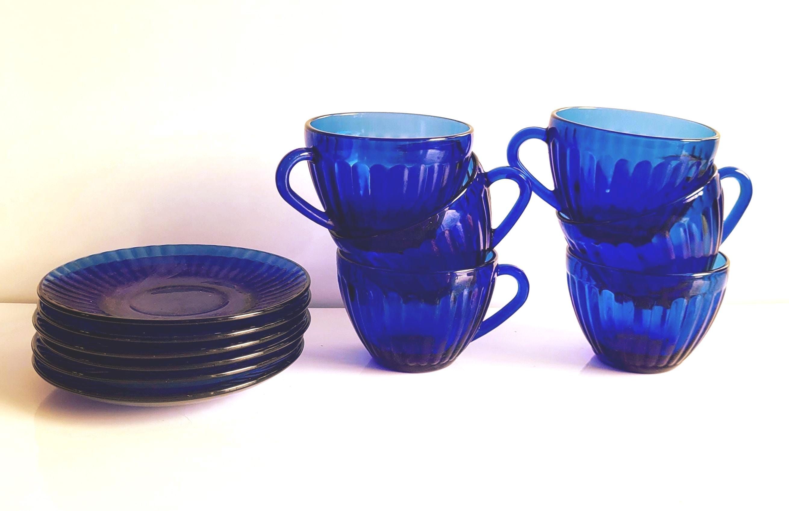 Rare Vintage COLOREX Cobalt Blue Tea Cup Set of 6: Ribbed Glass
