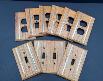 Vintage Mid Century Wood Switch Plate Cover Lot, Retro Oak Outlet Cover with Metal Inlay, MCM Toggle Wall Plates (Set of 9)