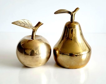 Solid Brass Pear Bell and Apple Figurine Set, Vintage Home Decor, Decorative Bells, Solid Metal Decor, Collectible Brassware
