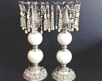 Tall Bombay Company Silver Plated Candlesticks, Beaded Dangle Taper Holders, Rarest of Rare