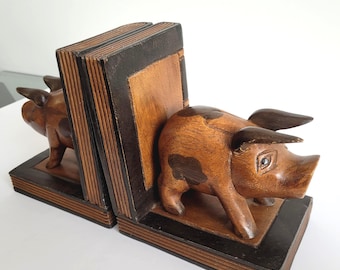 Hand Carved Wooden Pig Bookends, Rustic Farmhouse Decor, Vintage Animal Book Ends