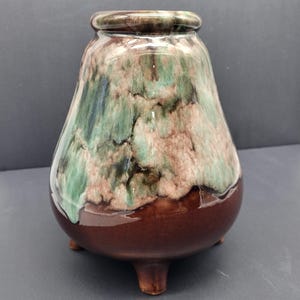 Vintage Beauce Canada Pottery Vase, Green Brown Drip Glaze, MCM Decor