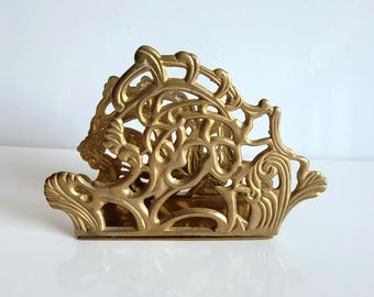 Vintage Ornate Brass Napkin Holder: Art Nouveau Desk Organizer
