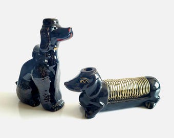 Vintage 1950s Ceramic Dog Desk Set: Poodle & Dachshund Letter Holder