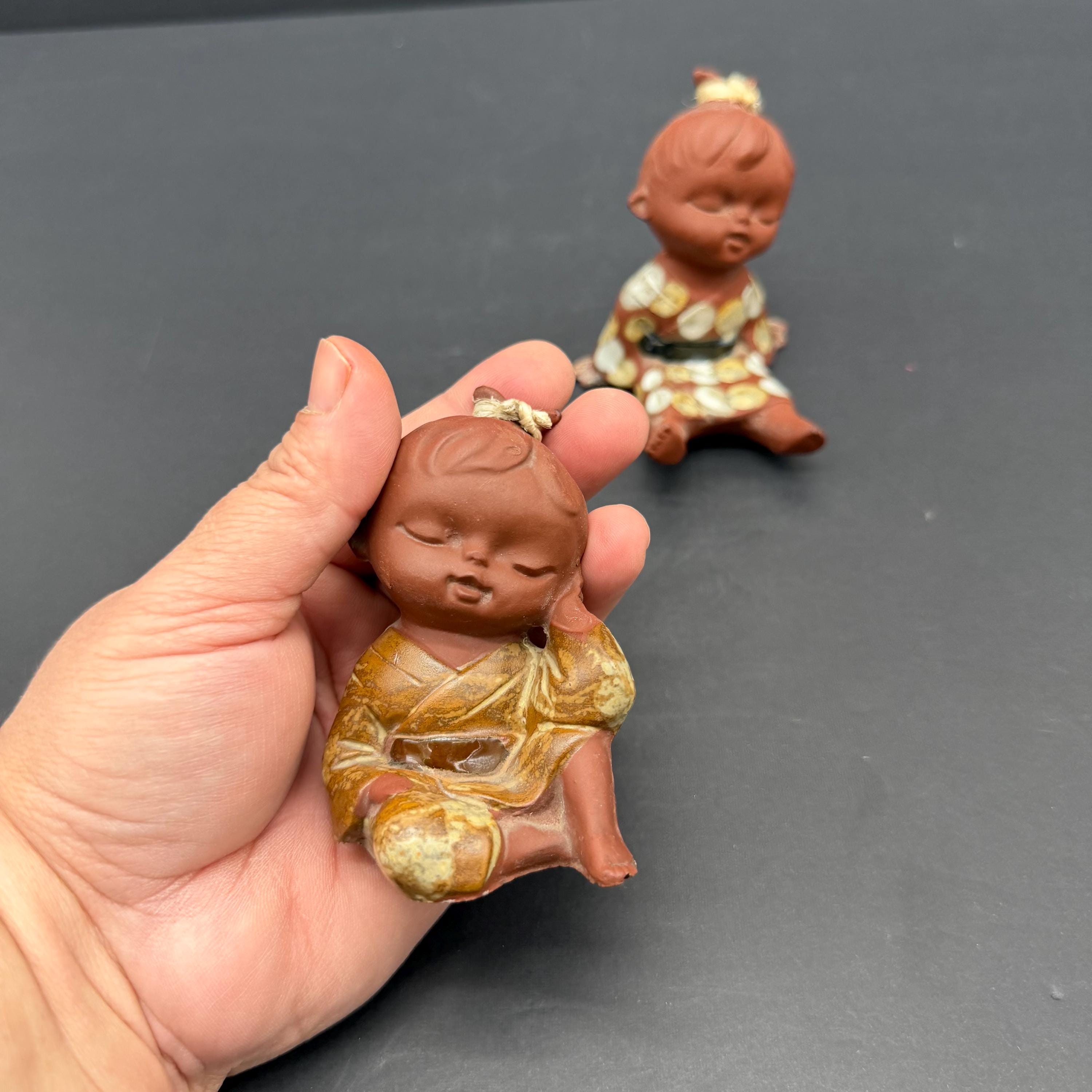 Vintage Japanese Clay Bisque Figurines, Seto Craft Kimono Decor