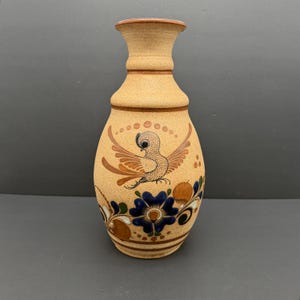Jarrón grande de cerámica mexicana Tonalá vintage, con motivos florales pintados a mano, arte popular mexicano firmado