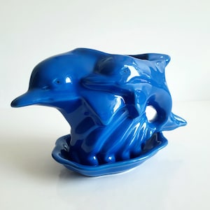 Rare 1980s Vintage Blue Ceramic Coastal Style Double Dolphin Planter
