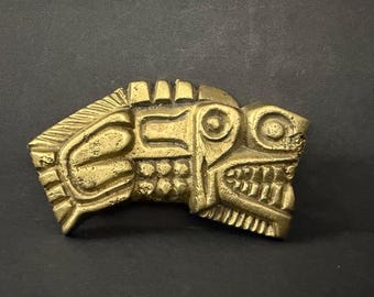 Vintage Brass Mythical Sea Creature Paper Weight, Unique Norse Aztec Mayan Inspired Fish Ornament