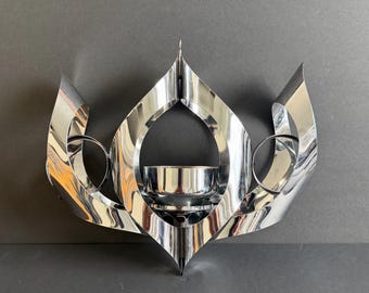 Vintage Chrome Wall Sconce, Mid-Century Modern Candle Holder, Abstract Art