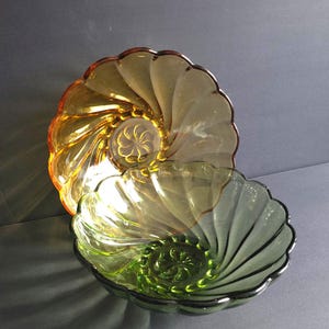 Hazel Atlas Capri Swirl Large Bowls, Amber & Green Glass, Salad or Fruit Serving Set of 2, Vintage, Mid Century Modern, 9 inch diameter