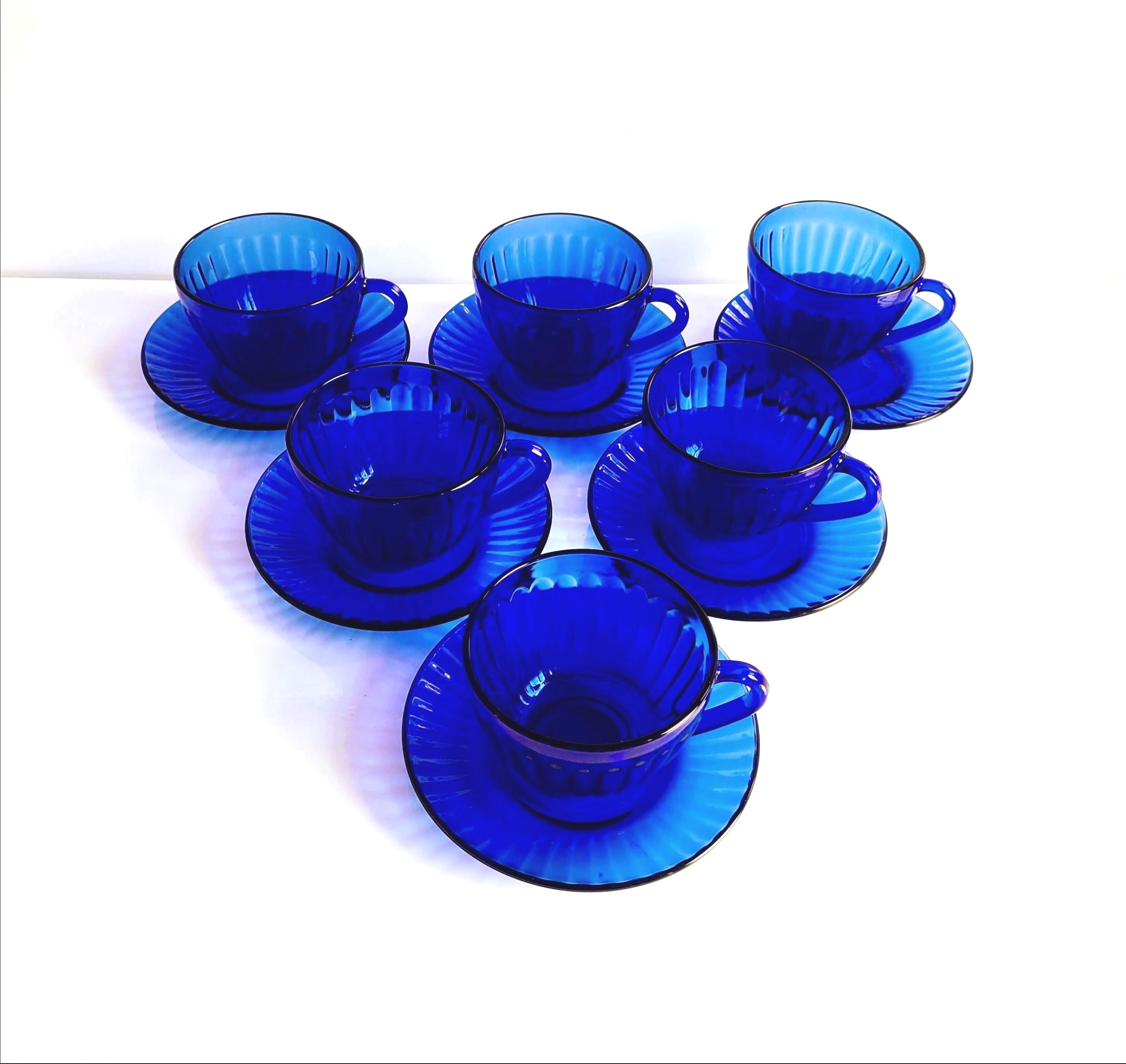 Rare Vintage COLOREX Cobalt Blue Tea Cup Set of 6: Ribbed Glass