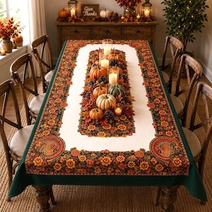 May include: A rectangular tablecloth featuring a white centre panel and a dark green border decorated with a vibrant autumn pattern of orange sunflowers, fall leaves, and turkeys. The table is set with a centrepiece of pumpkins and candles.