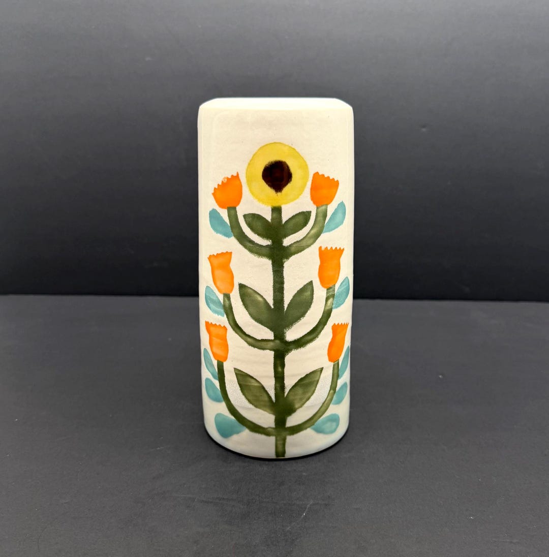 Vintage Scandinavian Floral Ceramic Vase, Hand Painted Folk Art Orange ...