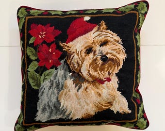Vintage Christmas Yorkie Needlepoint Pillow, Holiday Yorkshire Terrier Throw Cushion, Festive Poinsettia Tapestry Decor