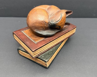 Vintage Hand-Carved Wooden Cat Sleeping on Books Figurine, Siamese Kitty Paperweight