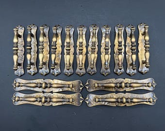 Vintage Amerock Antiqued Brass Cabinet Pulls and Drawer Handles with Ornate Backplates, Mid Century Colonial French Hardware, 15 Piece Lot