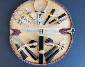 Vintage Manicure Set, Antique Travel Grooming Kit, Leather Case, Black Gold Handles