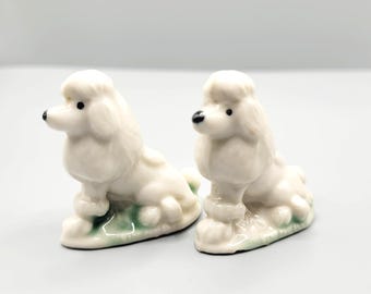 Vintage English Wade Whimsies White Poodle Dog Figurine Pair, Red