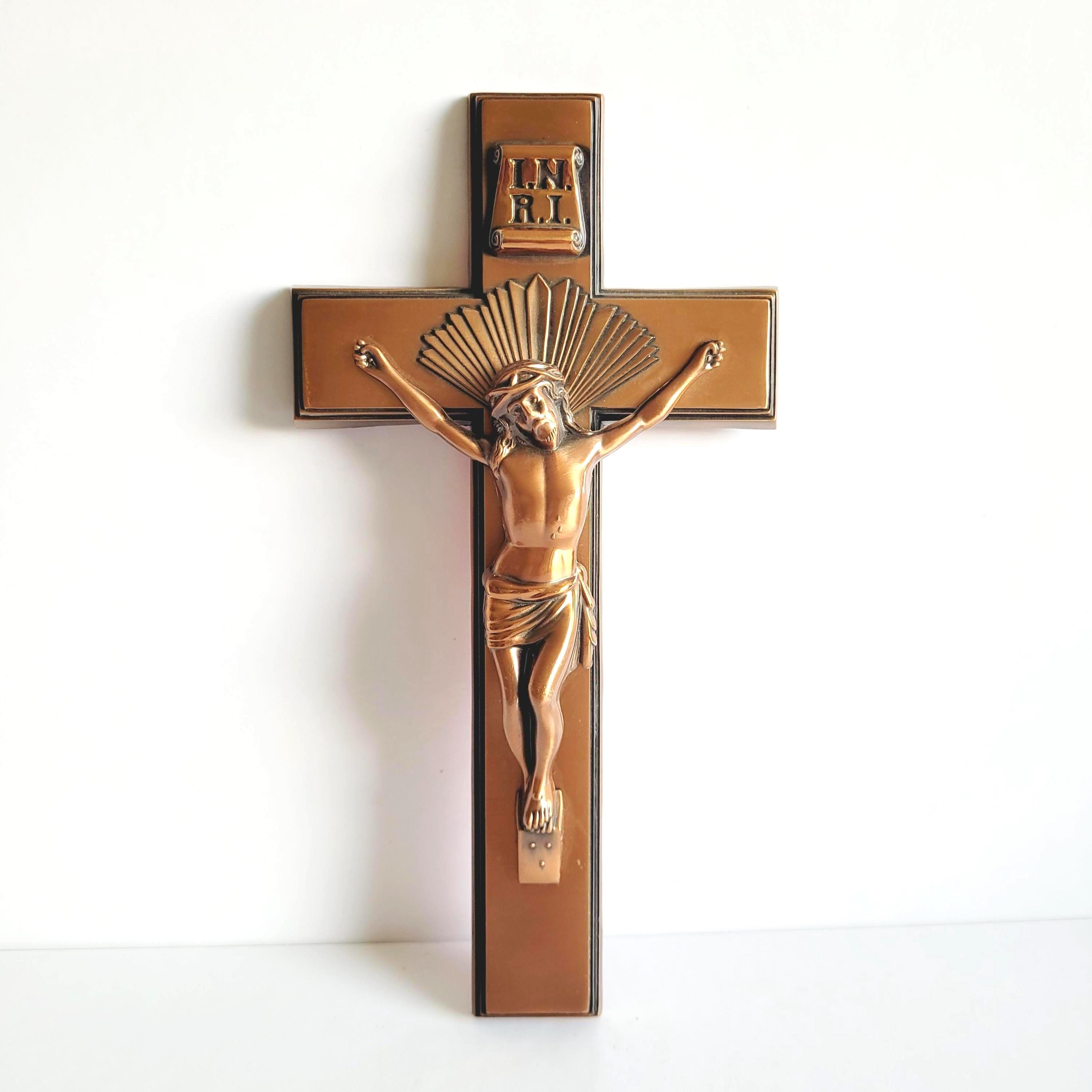 Vintage Copper Finish Crucifix Wall Cross, Religious Jesus Christ