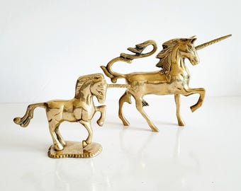 Vintage Brass Unicorn Figurines, Set of 2, Solid Brass Unicorns, Mythical Home Decor