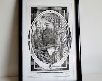 Dibujo original de Calvin Cornish, Águila majestuosa dibujada a mano y águila tótem de inspiración indígena, firmado por el artista.
