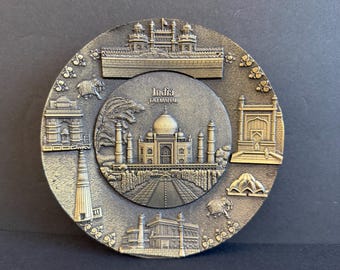 Vintage Taj Mahal Decorative Plate, Indian Souvenir, 3D Embossed Metal Home Decor