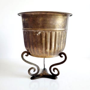 Mid-Century Modern Brass Planter on Decorative Brass Stand, Ribbed Design, Indoor Outdoor Plant Pot with Decorative Base