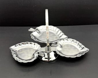 Vintage Silver 3-Tier Leaf Shape Folding Serving Tray, Mid Century Collapsible Candy Cake Stand