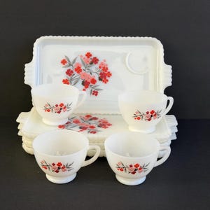 Vintage Fire-king Milk Glass Snack Set, Primrose Floral, 1960s