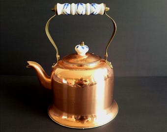 Vintage Copper Teapot Ceramic Handle Handpainted Primitive Rustic Farmhouse, Mid Century Modern Decor