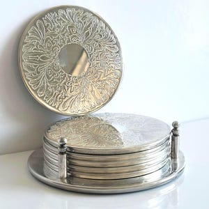 Antique Silver Plated Coasters Set, 6 Coasters with Holder, Ornate Design, Intricate Floral Patterns, Elegant Kitchenware