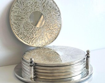 Antique Silver Plated Coasters Set, 6 Coasters with Holder, Ornate Design, Intricate Floral Patterns, Elegant Kitchenware