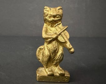 Rare Vintage Brass Cat Violin Figurine, Franz Bergmann Style, Made in Canada
