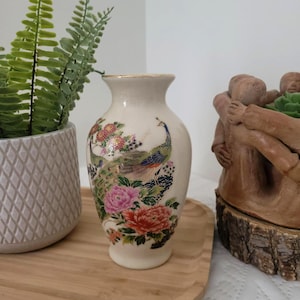 Vintage Japanese Vase, Hand-Painted Floral Porcelain, Satsuma Style Home Decor, Hand Decorated Peacock & Peony, Gold Trim