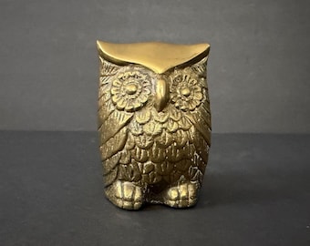 Vintage Brass Owl Figurine, Detailed Feather Design, MCM Decor
