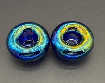 Vintage Iridescent Art Glass Candle Holders, Jan Benda, Set of 2