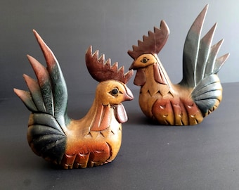 ヴィンテージの手彫り木製鶏彫刻像装飾フィギュア - Etsy 日本