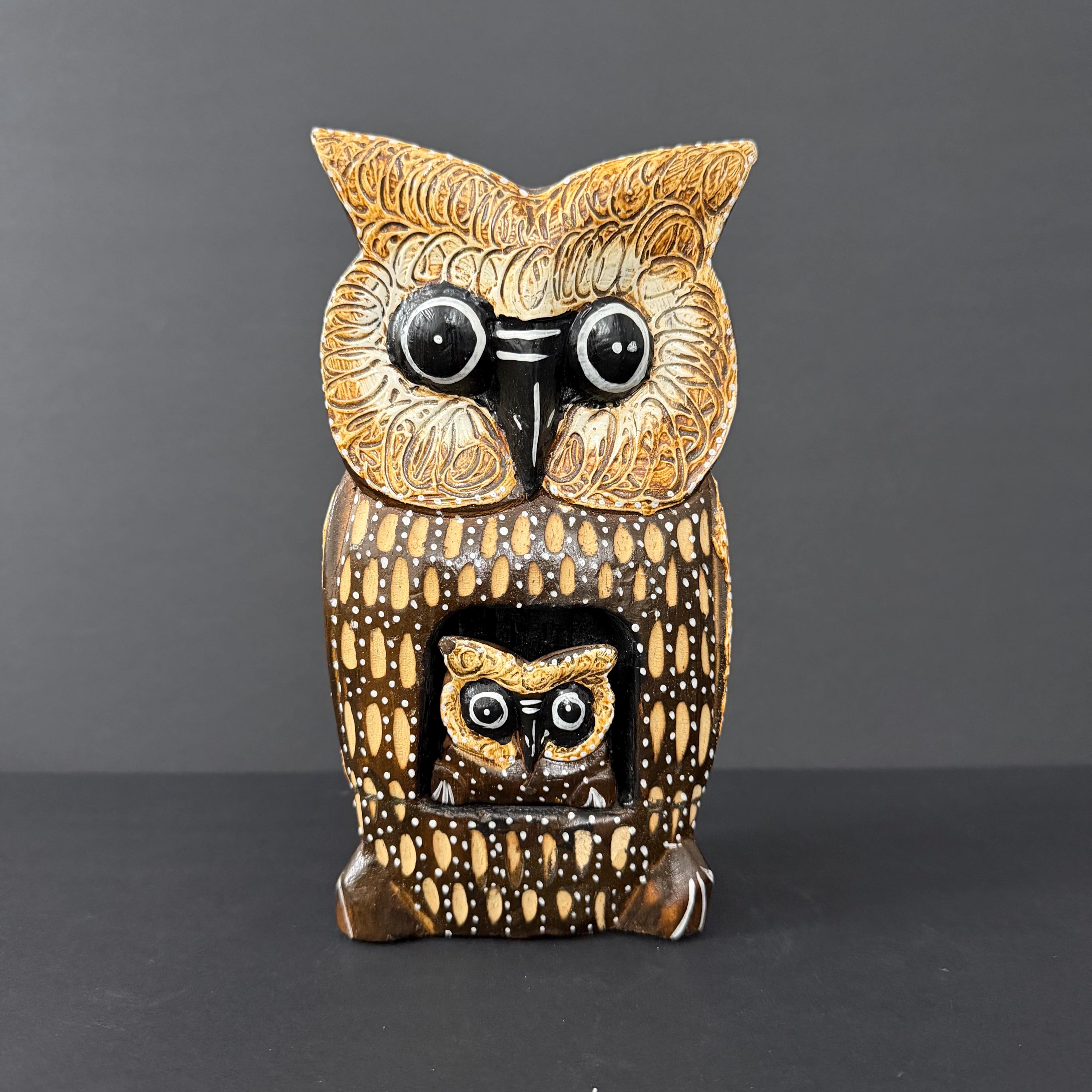 Hand-Carved Wooden Owl Figurine with Baby Owl, Rustic Home Decor
