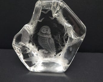 Vintage Hand-crafted, Hand-engraved Owl Crystal Paperweight, Signed J. Vydra, Art Glass Sculpture