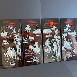 Tableau en bois laqué  la campagne du Vietnam en Nacre