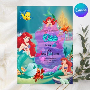 Faire-part d'anniversaire petite sirène, faire-part Ariel, faire-part de fête petite sirène, faire-part d'anniversaire princesse Ariel, toile modifiable