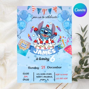 Stitch Birthday Invitation, Watercolor Stitch Invitation, Stitch Party Invitation, Editable Printable Canva Template Digital Download