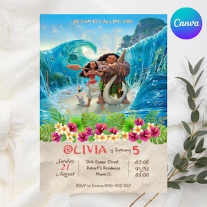 Invito di compleanno a tema Moana, invito hawaiano a tema Moana, invito per festa a tema Moana, modello Canva modificabile e stampabile, download digitale istantaneo