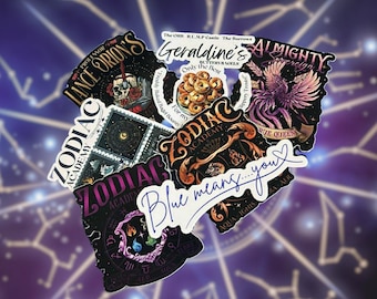 May include: A collection of stickers with various designs and text, including "Zodiac Academy," "Lance Orion's," and "Blue means...you." The stickers feature illustrations of a skull, a phoenix, and other mystical elements, set against a purple background.