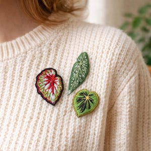 Könnte beinhalten: Drei gestickte Blätter in verschiedenen Formen und Farben sind auf einem cremefarbenen Pullover befestigt. Die Aufnäher umfassen ein rot-grünes Blatt, ein grünes Blatt mit weißen Details und ein herzförmiges grünes Blatt mit gelben Akzenten.