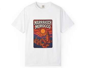 Marrakech Morocco Sunset Illustration T-Shirt | Moroccan Cityscape Tee