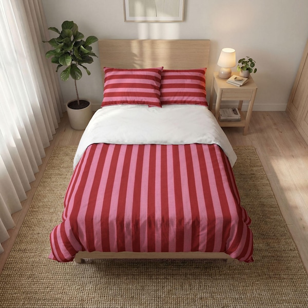 Red and Pink Vertical Stripe Quilt Cover Set