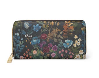 Vintage Floral Illustration Zipper Wallet | Dark Garden Flowers